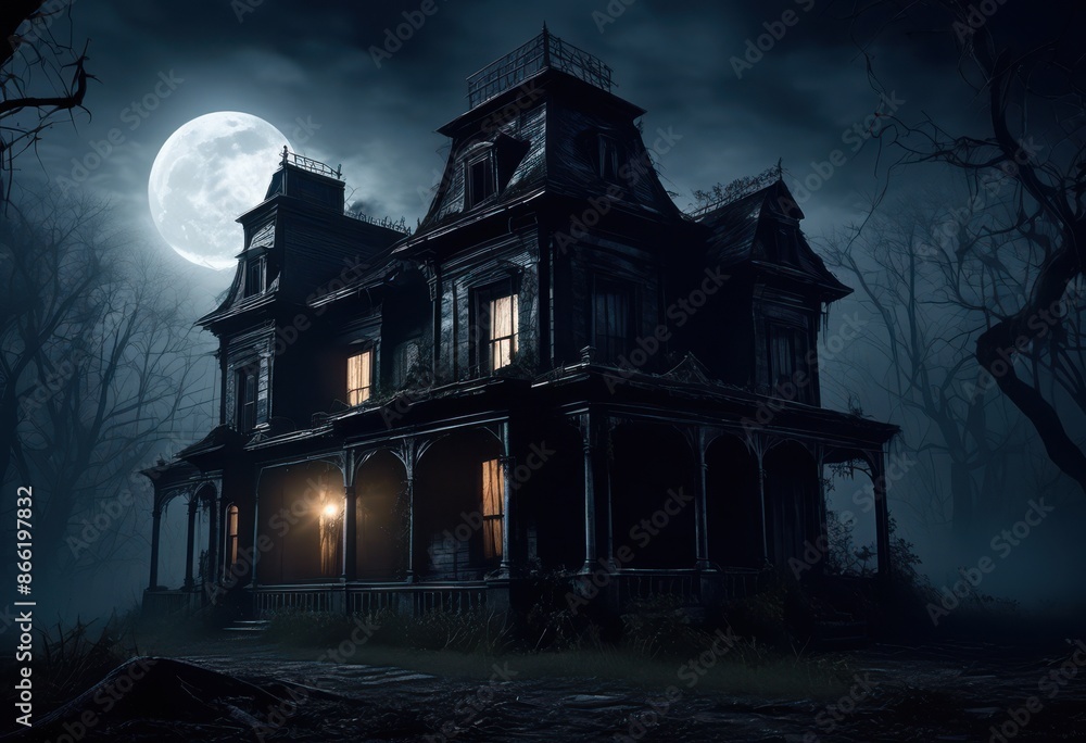 eerie haunted house facade flickering lights night, spooky, creepy, abandoned, mysterious, dark, atmospheric, gothic, shadows, glowing, vintage, unsettling eerie haunted house facade flickering lights night, spooky, creepy, abandoned, mysterious, dark, atmospheric, gothic, shadows, glowing, vintage, unsettling