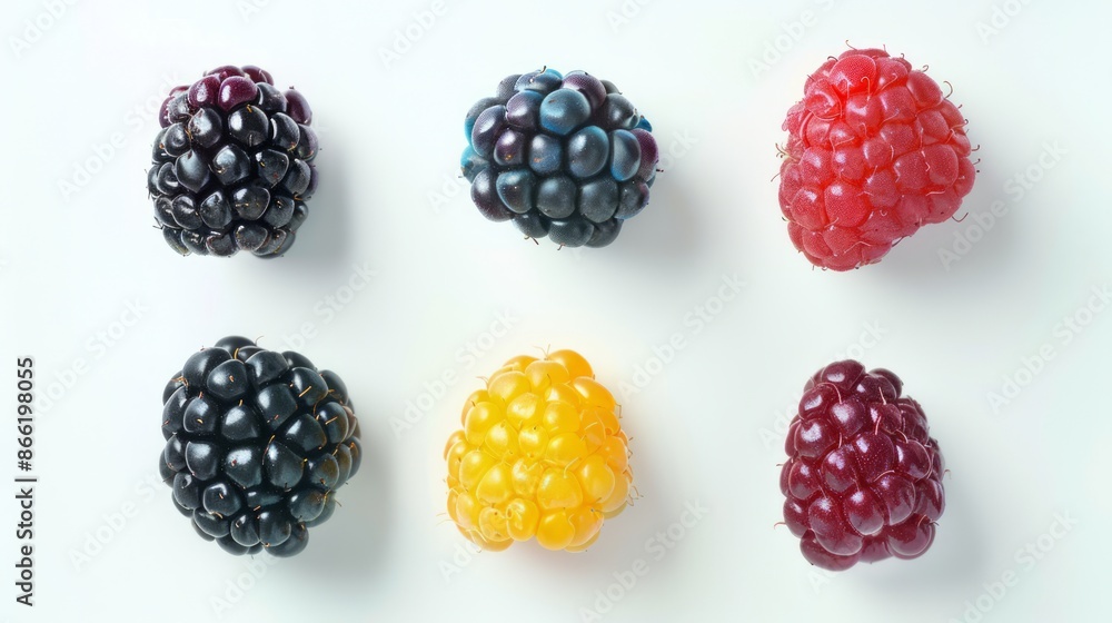 Photo from above with multi-colored berry objects. To show off the colorful contrast of the blackberry white background color. Photo from above with multi-colored berry objects. To show off the colorful contrast of the blackberry white background color.