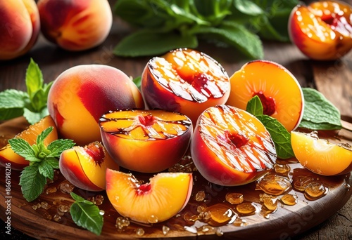 juicy grilled peaches glistening sweet honey drizzle, fruit, charred, succulent, glazed, ripe, tender, caramelized, luscious, syrup, dessert, delicious, barbecue photo
