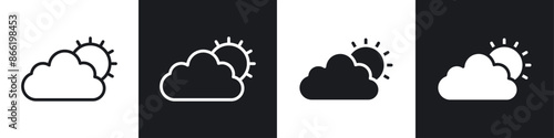 Cloud sun icon set. rainy or cloudy weather forecast vector symbol in black filled and outlined style.