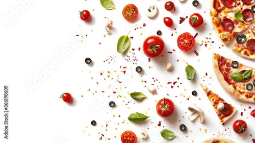 delicious pizza ingredients flying on white background
