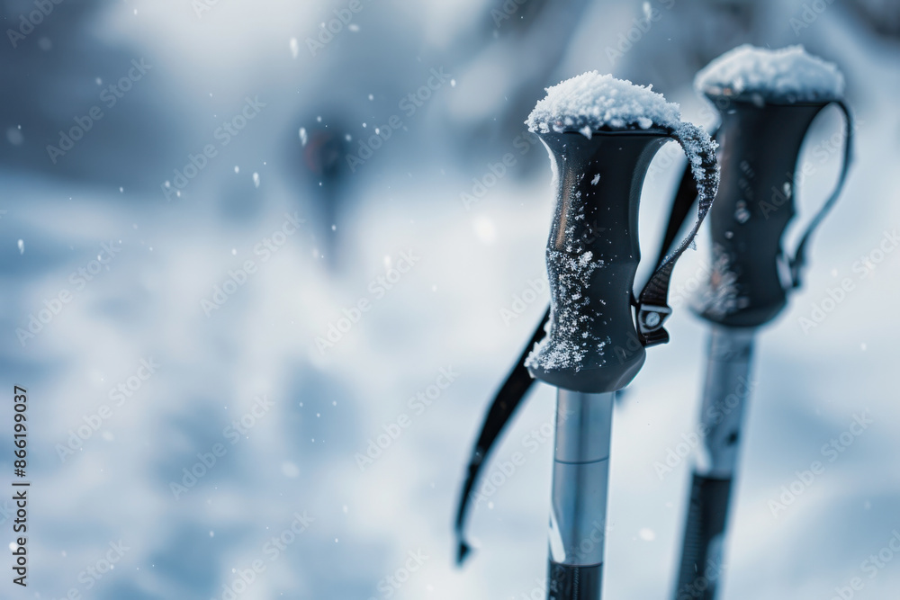 A close-up shot of the handles of ski poles covered in snow, with a blurred snowy landscape and skiers in the background