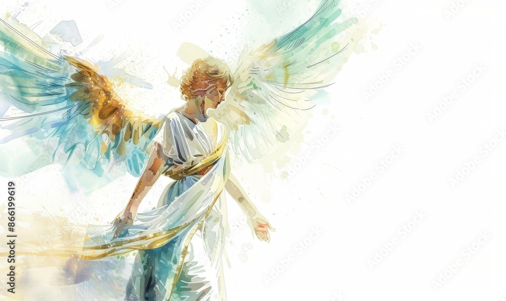 Fototapeta premium Archangel Gabriel, a divine messenger, celestial guardian, and harbinger of hope, embodying purity, guidance, and enlightenment in spiritual narratives and belief Digital illustration