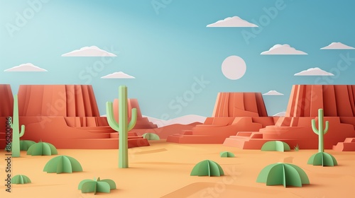 3D illustration of a papercraft desert landscape with cactus and clouds under a bright sun.
