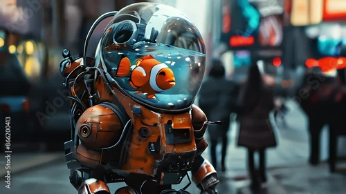 Wallpaper Mural A robot, its head resembling a fish bowl containing a clownfish, strolls along a bustling city sidewalk. Torontodigital.ca