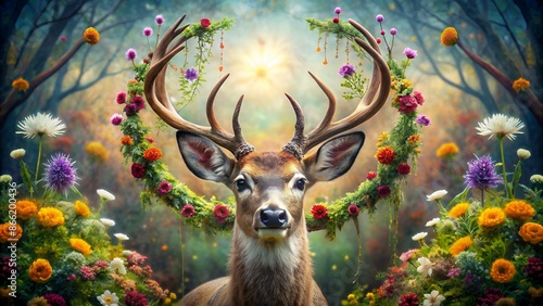 Deer with flowers and dream catcher photo