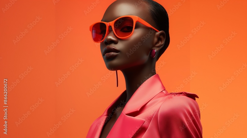 African woman wearing neon orange sunglasses and a pink blazer in a professional high-resolution fashion photoshoot against a solid vibrant colored background in minimalist style African woman wearing neon orange sunglasses and a pink blazer in a professional high-resolution fashion photoshoot against a solid vibrant colored background in minimalist style