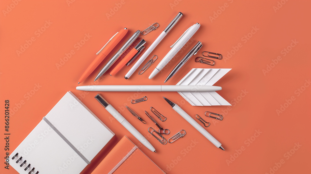A collection of sleek, modern blanc stationery including notebooks, pens, and paper clips, forming an arrow on a solid burnt orange backdrop A collection of sleek, modern blanc stationery including notebooks, pens, and paper clips, forming an arrow on a solid burnt orange backdrop