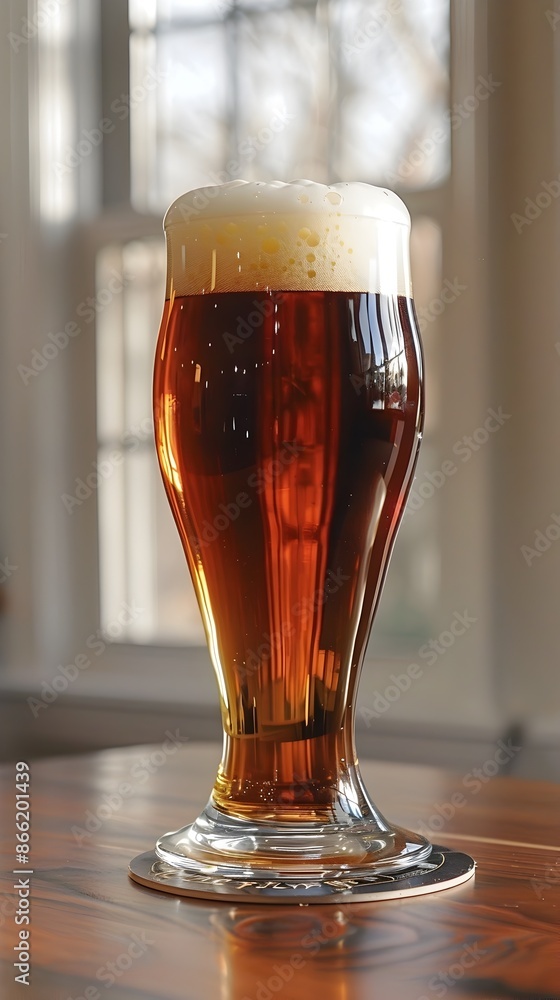 Frothy Amber Beer in a Glass on a Wooden Table with Reflections Frothy Amber Beer in a Glass on a Wooden Table with Reflections