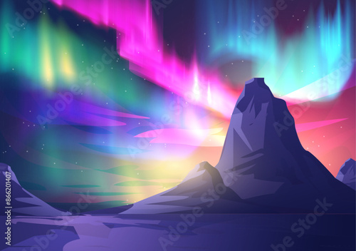 Colorful aurora borealis lights effect, arctic polar light on starry night sky on mountain landscape vector illustration
