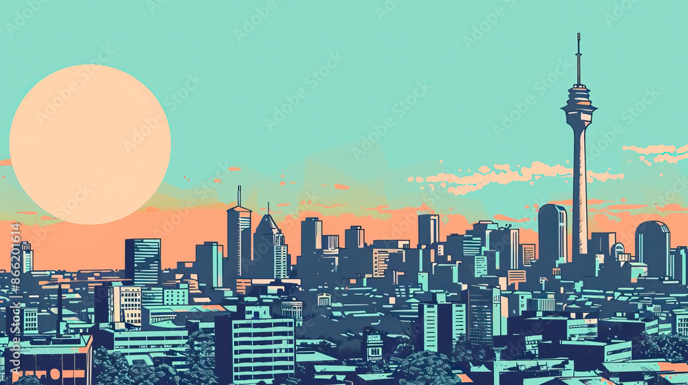 Fototapeta premium Risograph riso print travel poster, card, wallpaper or banner illustration, modern, isolated, clear and simple of Johannesburg, South Africa. Artistic, screen printing, stencil digital duplication