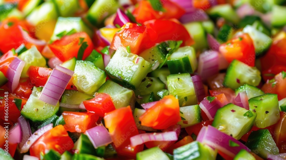 A colorful salad made of freshly chopped vegetables. The salad consists of diced cucumbers, tomatoes, and red onions A colorful salad made of freshly chopped vegetables. The salad consists of diced cucumbers, tomatoes, and red onions