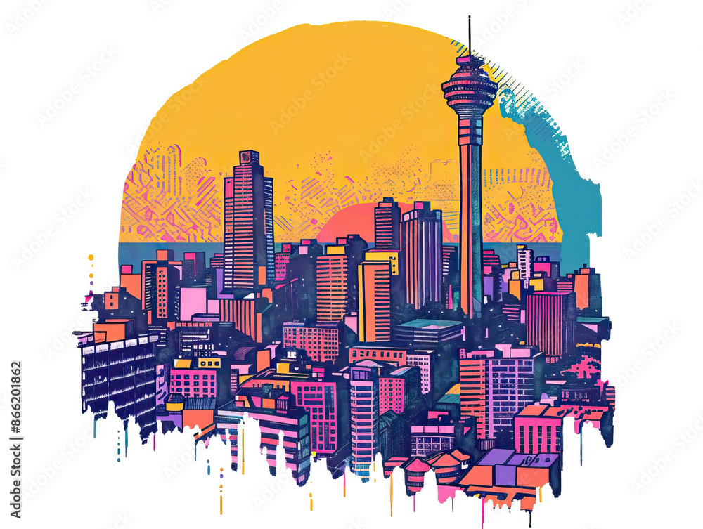 Obraz premium Risograph riso print travel poster, card, wallpaper or banner illustration, modern, isolated, clear and simple of Johannesburg, South Africa. Artistic, screen printing, stencil digital duplication