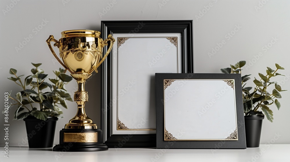 Mockup Showcase: A Golden Trophy Cup and Prestigious Certificates - Symbols of Unmatched Achievement and Triumph in the Realm of Excellence Mockup Showcase: A Golden Trophy Cup and Prestigious Certificates - Symbols of Unmatched Achievement and Triumph in the Realm of Excellence