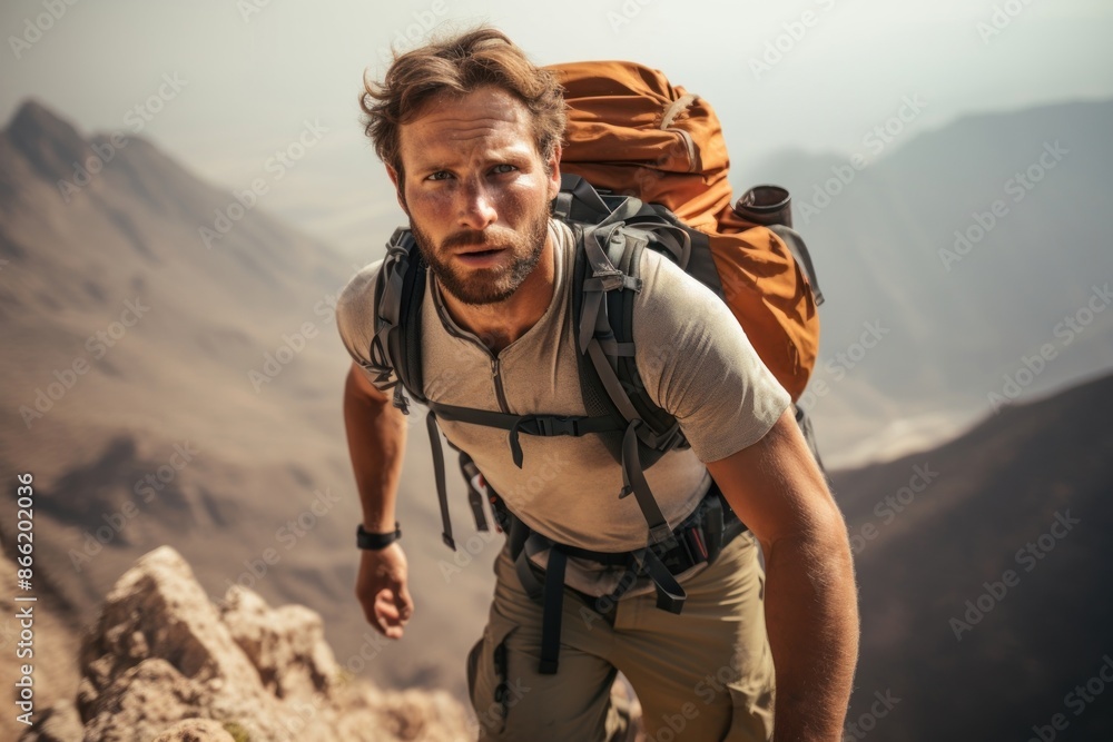 Strong mountain climber backpacking recreation adventure.