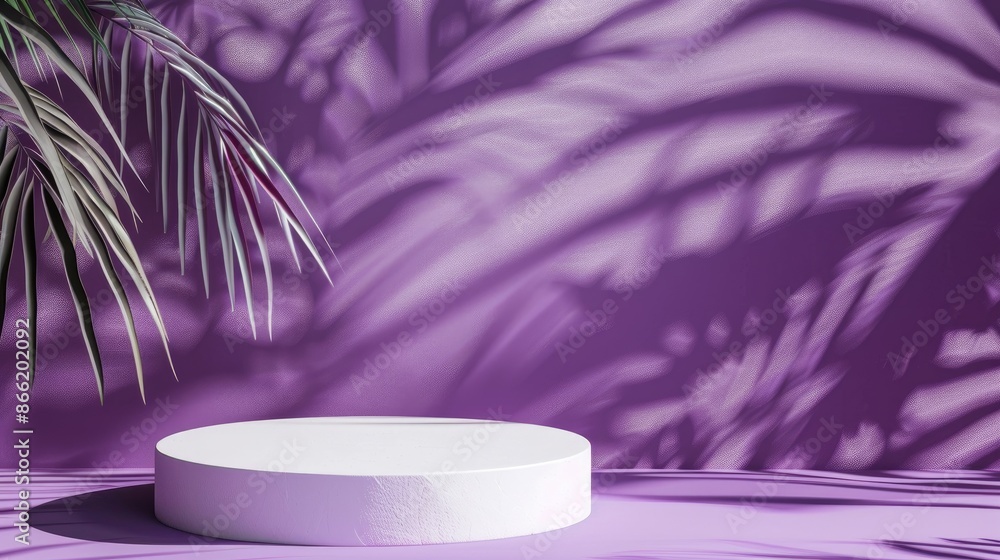 2022 Color of the Year display White podium on violet backdrop with tropical leaf shadow for cosmetic products showcase 2022 Color of the Year display White podium on violet backdrop with tropical leaf shadow for cosmetic products showcase
