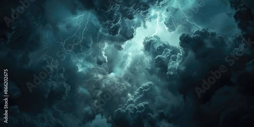 A dark lightning and thunder storm in the clouds, athmospheric wallpaper or background