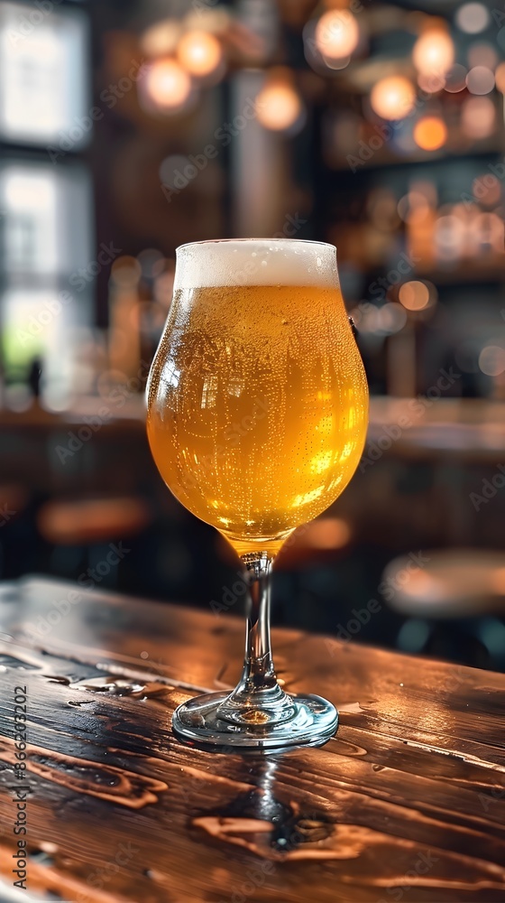 Close up shot of a glass of golden frothy craft beer on a wooden bar table with cozy lighting and Close up shot of a glass of golden frothy craft beer on a wooden bar table with cozy lighting and