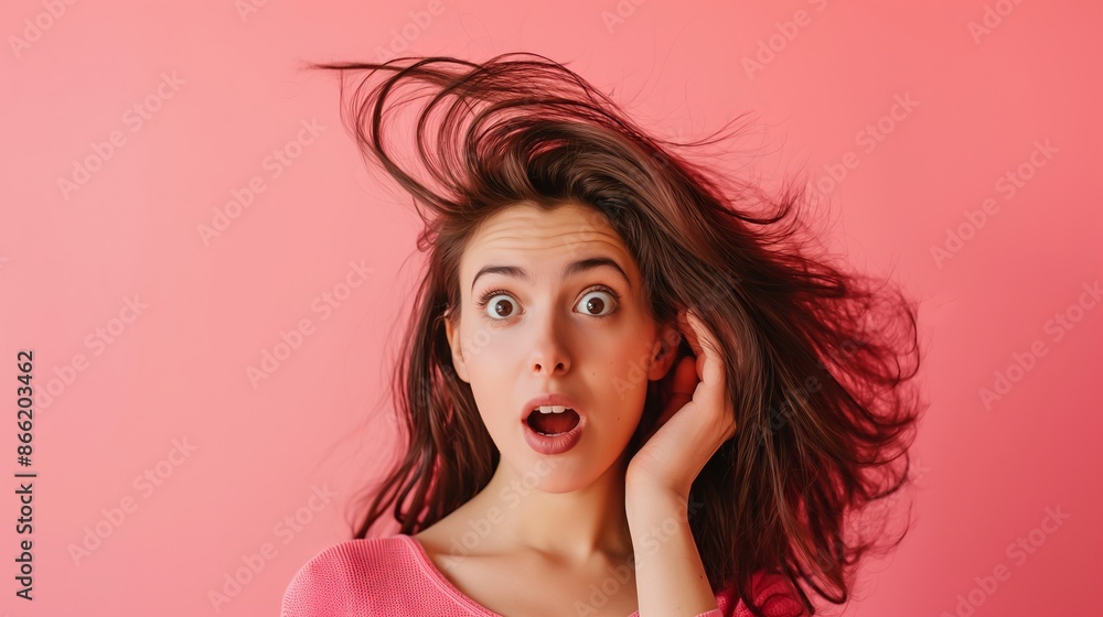 stunning photo of an attractive woman with a shocked expression, hair blowing in the wind, set against a solid pink background capturing surprise and emotion stunning photo of an attractive woman with a shocked expression, hair blowing in the wind, set against a solid pink background capturing surprise and emotion