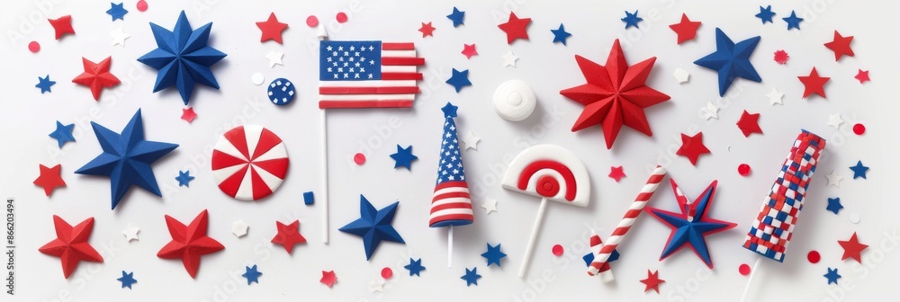 Fototapeta premium Patriotic American clay symbols with stars and flags in red, white, and blue colors