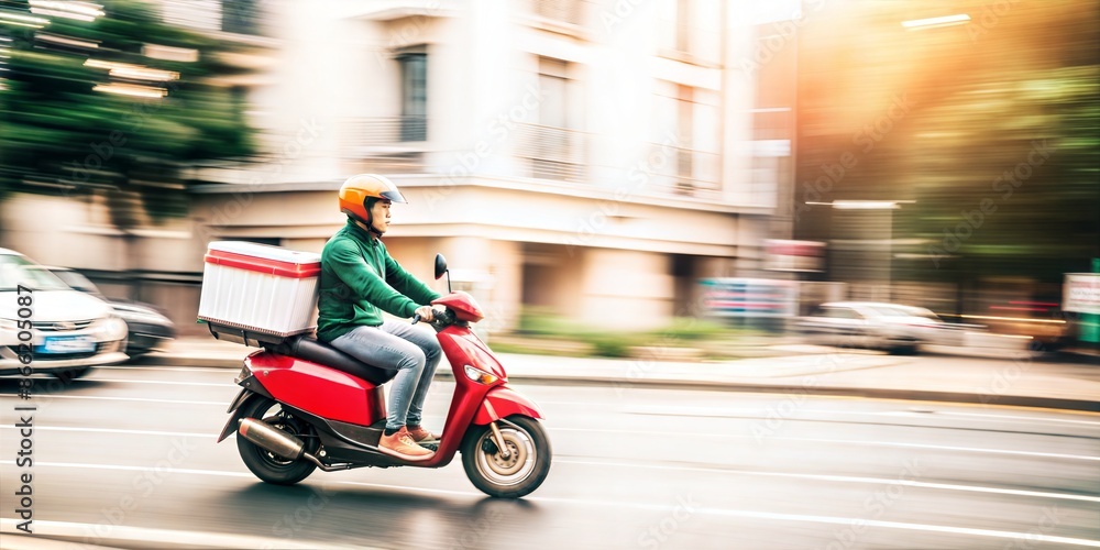 Fototapeta premium Speedy Delivery. A food delivery rider, clad in a red uniform and helmet, zips through the bustling city streets on his scooter, carrying a red insulated delivery bag.