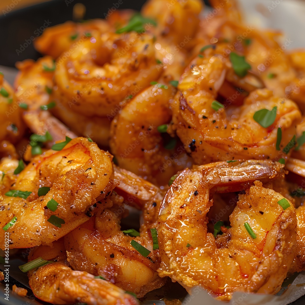 A plate of golden, fried shrimp with black pepper and green onion, close-up shot. The shrimps should be golden brown in color and juicy inside. A plate of golden, fried shrimp with black pepper and green onion, close-up shot. The shrimps should be golden brown in color and juicy inside.