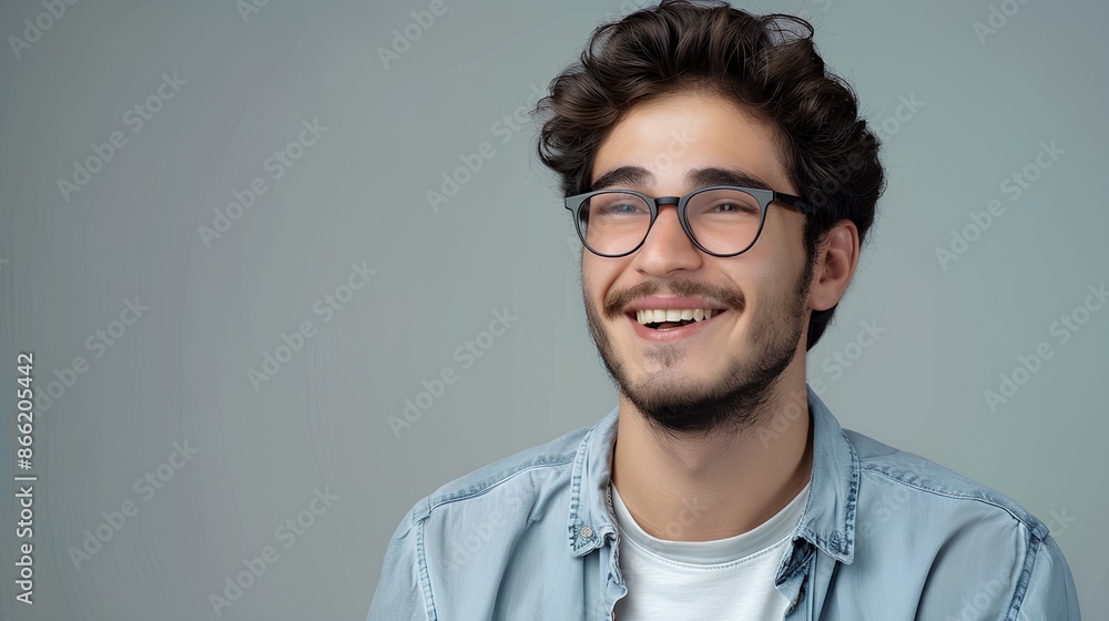 Obraz premium Portrait of a handsome smiling young man with glasses looking at the camera and laughing isolated on a grey background, in the style of copy space concept for vision health care advertising commercial