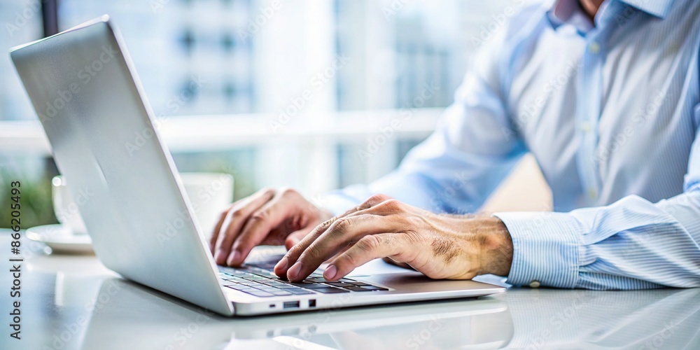 Close-up of a man's hands typing on a laptop. Close-up of a man's hands typing on a laptop.