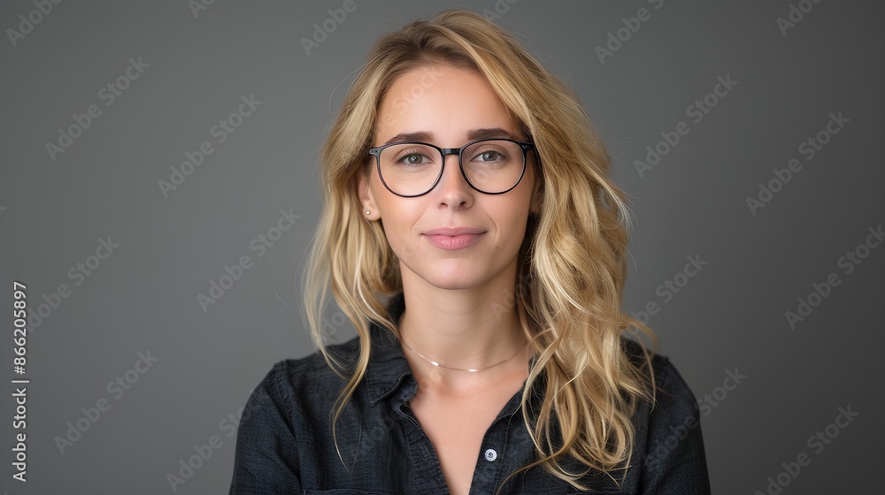headshot of blonde woman with glasses wearing a black shirt against a dark grey background, in a professionally photographed and lit style, smiling at the camera headshot of blonde woman with glasses wearing a black shirt against a dark grey background, in a professionally photographed and lit style, smiling at the camera