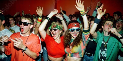 1990s Rave Party: Youth Culture in Full Swing. Vibrant scene of young adults at a 1990s rave party, energetically dancing and celebrating with colorful fashion and enthusiastic expressions. 