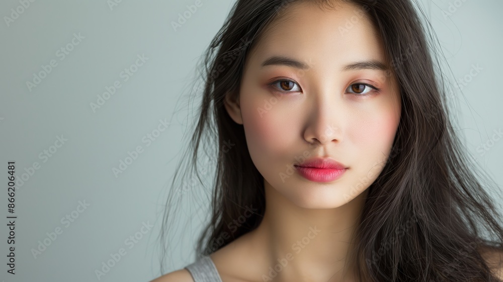 asian woman with long hair and pink lipstick in gray tank top, standing against light blue background, round face, natural expression, looking directly at camera, showcasing beauty and elegance asian woman with long hair and pink lipstick in gray tank top, standing against light blue background, round face, natural expression, looking directly at camera, showcasing beauty and elegance