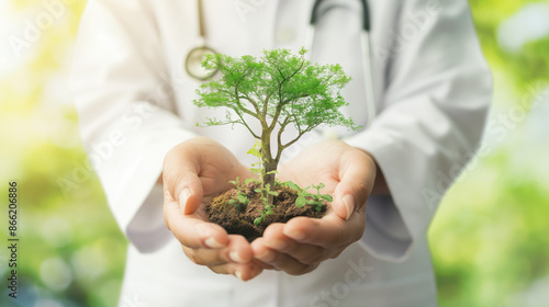 Doctor's hands holding a small tree, symbolizing growth, care, and a healthy future.