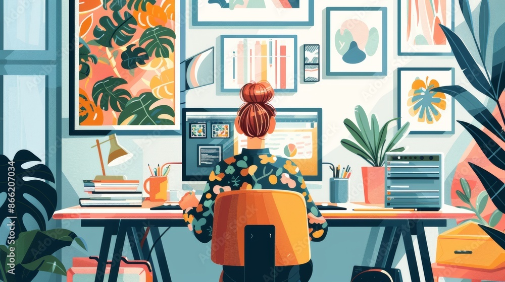 A creative professional designing on a laptop with drawing tablet and colorful workspace A creative professional designing on a laptop with drawing tablet and colorful workspace