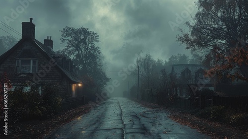 Fototapeta Naklejka Na Ścianę i Meble -  A dark and foggy street in a small town, with minimal visibility and an unsettling atmosphere.