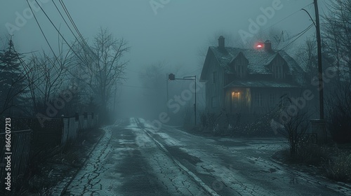 Fototapeta Naklejka Na Ścianę i Meble -  A dark and foggy street in a small town, with minimal visibility and an unsettling atmosphere.