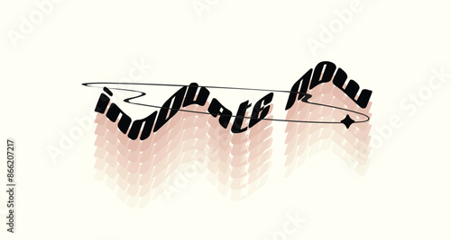 Y2K Styled Bol Typogrpahy of "innovate now" with Orbit Space Ring and Halftone Gradient Trails on Ivory Yellow Background