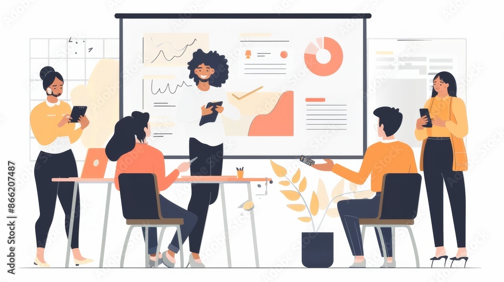 A delighted female designer standing in front of a presentation screen, explaining her design concept to a group of attentive colleagues A delighted female designer standing in front of a presentation screen, explaining her design concept to a group of attentive colleagues