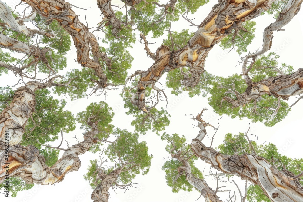 Unique overhead view of intricate tree branches with green leaves detailed texture natural pattern organic shapes nature photography artistic perspective clear sky Unique overhead view of intricate tree branches with green leaves detailed texture natural pattern organic shapes nature photography artistic perspective clear sky