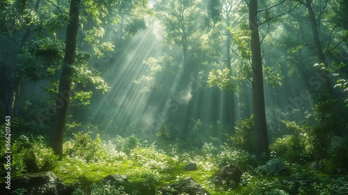 A dense forest with sunlight filtering through the trees, creating dappled light on the forest floor.