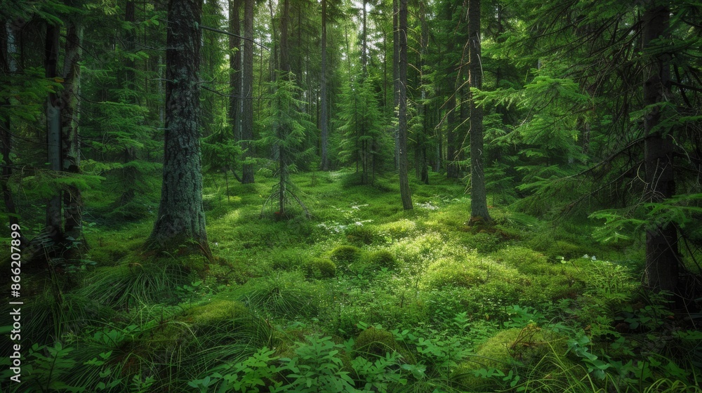 A dense, green forest floor with a mix of old spruce, fir, and pine trees creating a natural canopy A dense, green forest floor with a mix of old spruce, fir, and pine trees creating a natural canopy