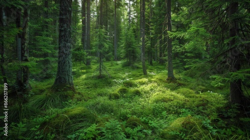 A dense, green forest floor with a mix of old spruce, fir, and pine trees creating a natural canopy