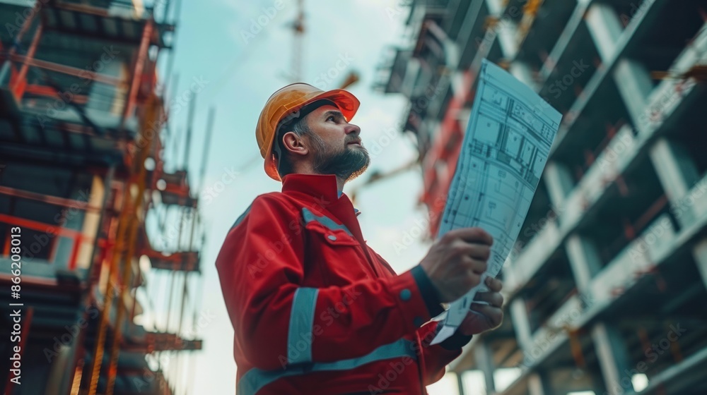 An engineer holding the project plan inspects the bridge while wearing a safety helmet. Skilled architect looking at blueprint and standing at building structure or construction. An engineer holding the project plan inspects the bridge while wearing a safety helmet. Skilled architect looking at blueprint and standing at building structure or construction.