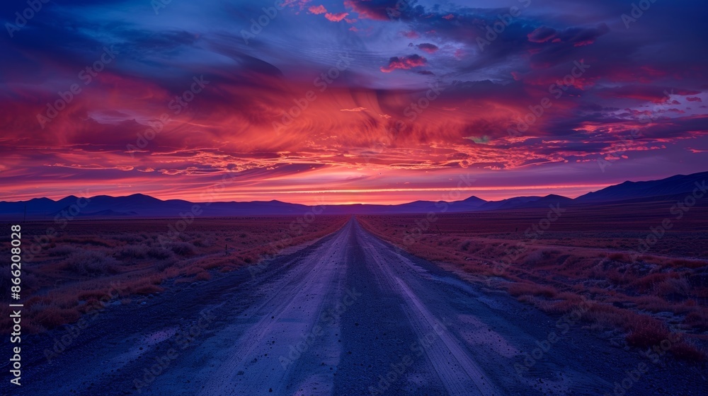 Fototapeta premium A desert road disappearing into the horizon, with the sky ablaze in the rich colors of dusk