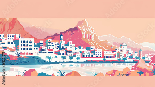 Risograph riso print travel poster, card, wallpaper or banner illustration, modern, isolated, clear and simple of Muscat, Oman. Artistic, screen printing, stencil digital duplication © Goodwave Studio