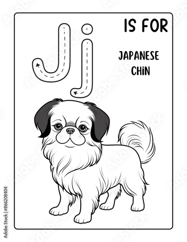 simple coloring book page for children, white cute janpanese chin with the big letter 