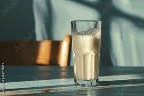 A fresh, non homogenized glass of milk prominently displaying a rich, creamy top layer, indicative of high quality photo