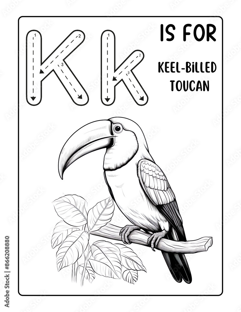Obraz premium Black and white coloring page of the letter K with an illustration of keel-billed toucan in the style of simple vector lines