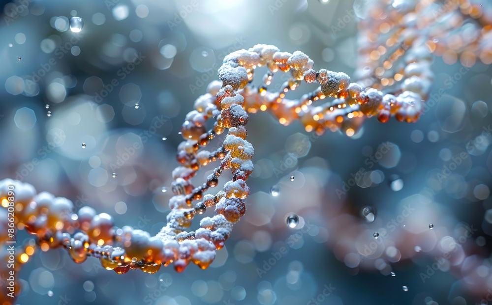 A DNA strand is shown in a blurry, hazy, and blurry way. The strand is covered in snow and has a golden hue. Concept of mystery and wonder A DNA strand is shown in a blurry, hazy, and blurry way. The strand is covered in snow and has a golden hue. Concept of mystery and wonder