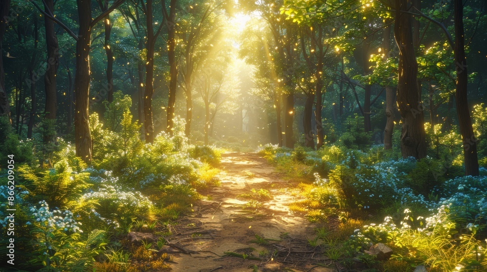 A forest trail with sunlight streaming through the canopy, leading to an open meadow. A forest trail with sunlight streaming through the canopy, leading to an open meadow.