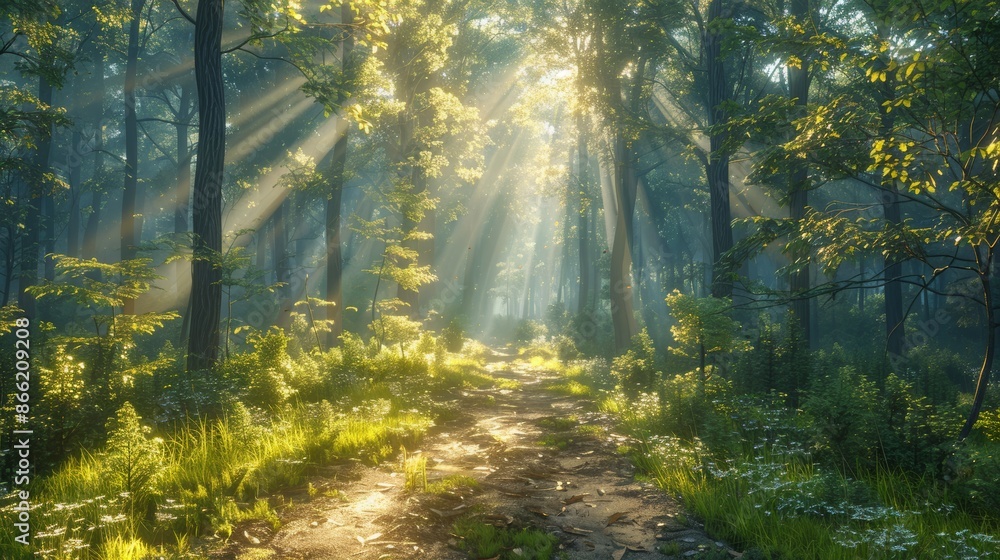 A forest trail with sunlight streaming through the canopy, leading to an open meadow. A forest trail with sunlight streaming through the canopy, leading to an open meadow.